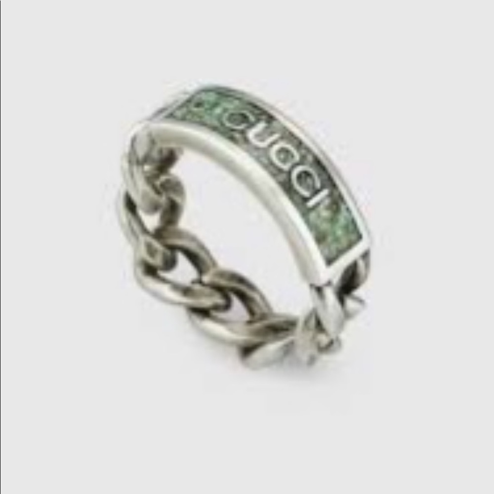 GUCCI SILVER CHAIN RING WITH ENAMEL LOGO SIZE 8